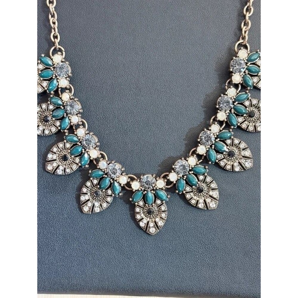 Stella & Ruby Teal Crystal Rhinestone Statement Bib Necklace Art Deco Signed